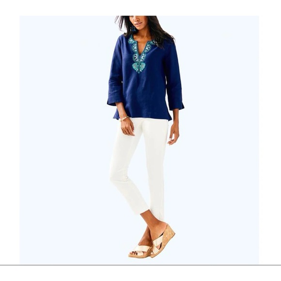 Lilly Pulitzer Navy Blue Amelia Island Tunic Top with Teal Embroidery - Picture 1 of 5
